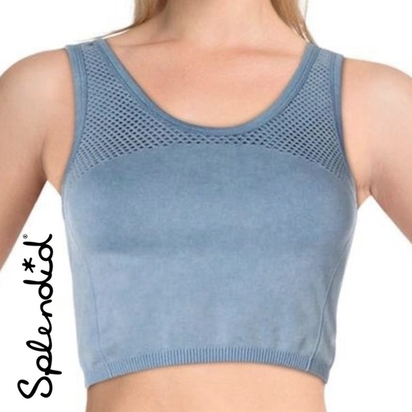 SPLENDID Blue Crop Top Fitness Activewear Yoga Mesh Venting Compression - Picture 10 of 12
